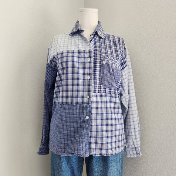 Vintage Woolrich Patchwork Blue White Plaid Button Down Shirt Cabincore L - Picture 2 of 7